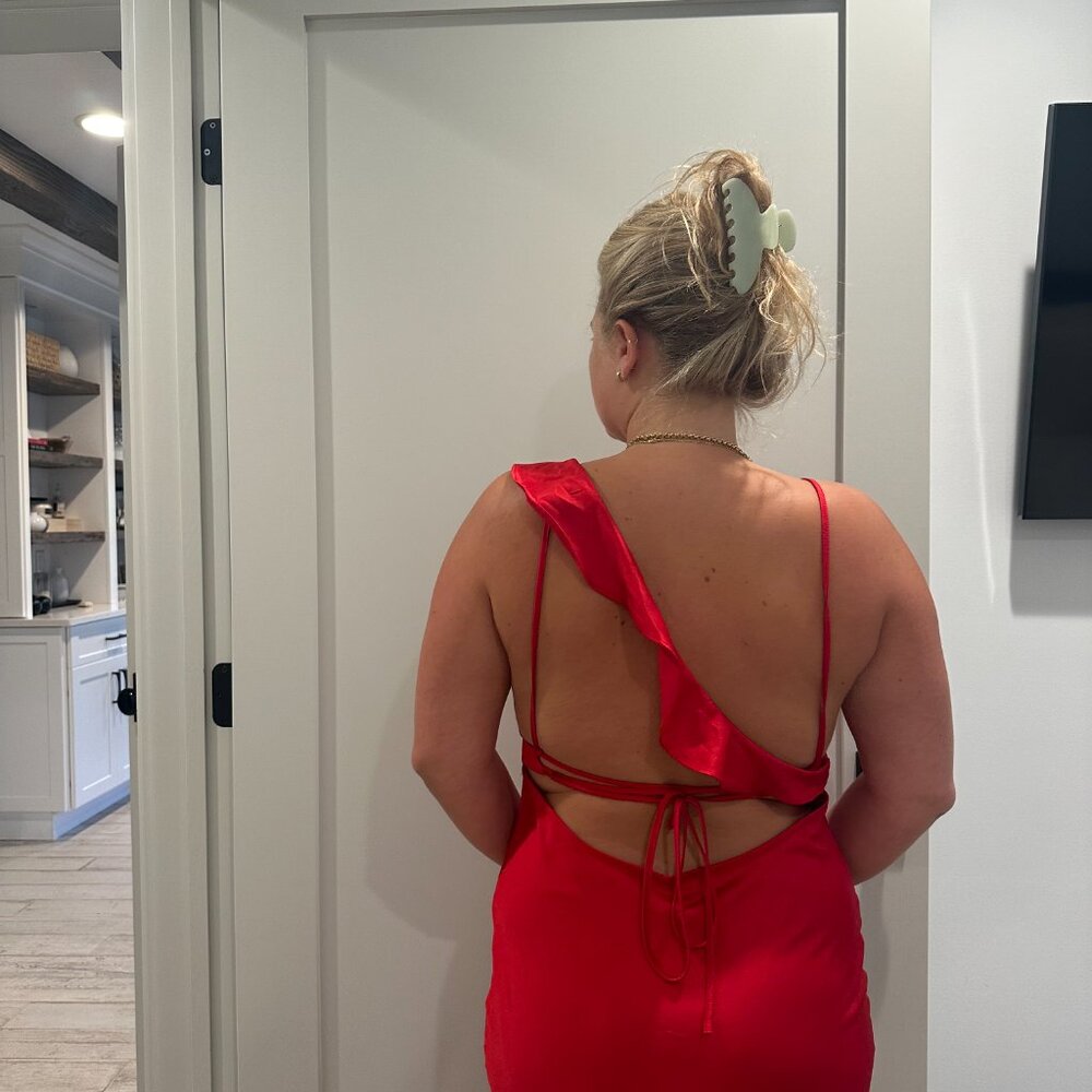 Urban Outfitters Red Satin Gown with Ruffle Detailing and Open Back - Picture 3 of 10